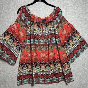 New Directions 1X Womens Top Wide Sleeve Boho Hippie Gypsy Lightweight Flowy